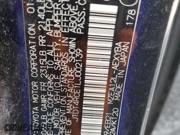 ✅ 2020 Toyota Corolla XSE • VIN: JTDT4RCE1LJ002139 • Lot: 87187235. Wystawiony na Copart z przebiegiem 141 073 mil. Bezpłatny archiwum sprzedaży aukcyjnych z USA i szczegółowy raport historii pojazdu na DreamBid. Zdjęcie 12.