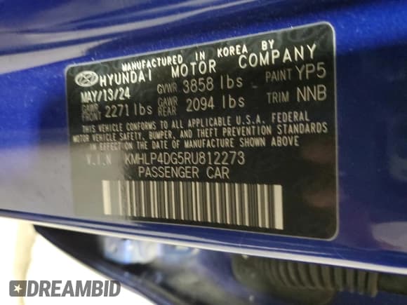 ✅ 2024 Hyundai Elantra Limited • VIN: KMHLP4DG5RU812273 • Lot: 91697825. Listed on Copart with 28,760 mi. Free auction sales archive from the USA and detailed vehicle history report at DreamBid. Image 12.