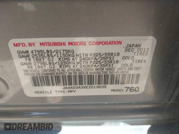 2014 Mitsubishi Outlander SE с VIN JA4AD3A3XEZ019235, выставлен на аукционе IAAI как лот 42559672 с пробегом 176 622 миль миль и . История ставок и продаж доступна на DreamBid. Изображение 9.
