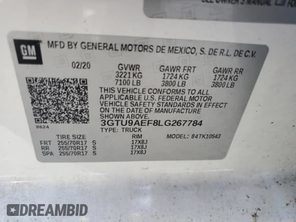 ✅ 2020 GMC Sierra 1500 • VIN: 3GTU9AEF8LG267784 • Лот: 71093315. Опубликован ранее на Copart с пробегом Не указан. Бесплатный доступ к архиву аукционных продаж из США и подробный отчёт об истории автомобиля на DreamBid. Изображение 12.