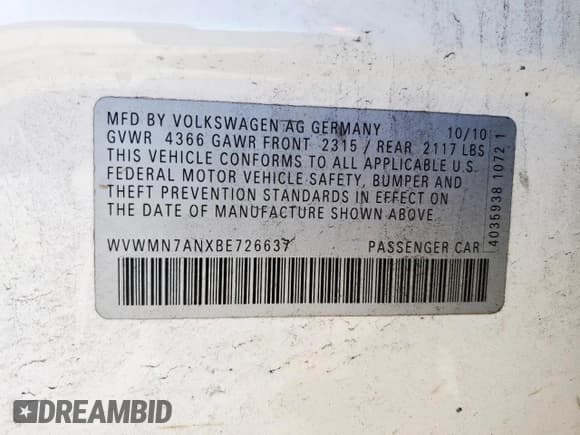 ✅ 2011 Volkswagen CC Sport • VIN: WVWMN7ANXBE726637 • Lot: 90396115. Wystawiony na Copart z przebiegiem 143 663 mil. Bezpłatny archiwum sprzedaży aukcyjnych z USA i szczegółowy raport historii pojazdu na DreamBid. Zdjęcie 14.