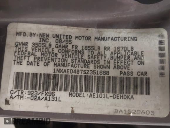 ✅ 1995 Toyota Corolla • VIN: 1NXAE04B7SZ351688 • Lot: 42347428. Wystawiony na IAAI z przebiegiem 176 013 mil. Bezpłatny archiwum sprzedaży aukcyjnych z USA i szczegółowy raport historii pojazdu na DreamBid. Zdjęcie 9.