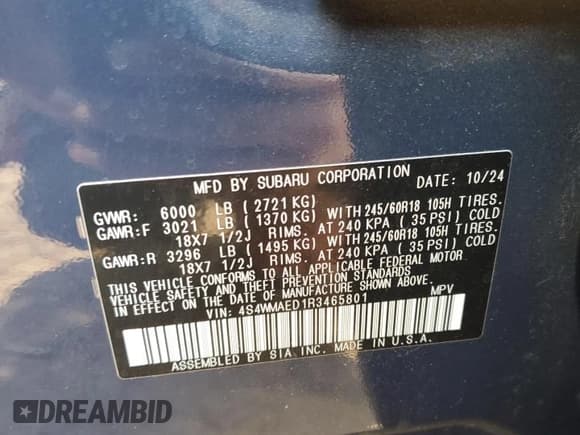 ✅ 2024 Subaru Ascent Premium • VIN: 4S4WMAED1R3465801 • Lot: 69074155. Listed on Copart with 11,200 mi. Free auction sales archive from the USA and detailed vehicle history report at DreamBid. Image 12.