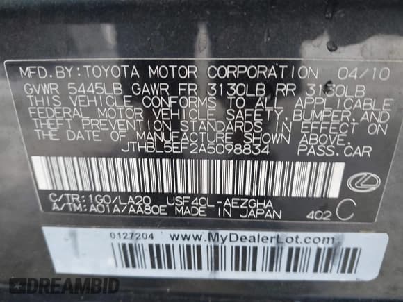 ✅ 2010 Lexus LS 460 • VIN: JTHBL5EF2A5098834 • Lot: 42238792. Listed on IAAI with 65,644 mi. Free auction sales archive from the USA and detailed vehicle history report at DreamBid. Image 9.