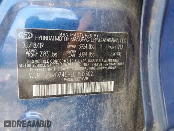 2020 Hyundai Elantra SE with VIN 5NPD74LF2LH512502, listed as a Copart auction lot 81478145 with 176,691 mi miles and Salvage title. Bid and sale history available at DreamBid. Image 12.