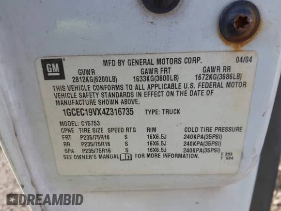 2004 Chevrolet Silverado 1500 LS with VIN 1GCEC19VX4Z316735, listed as a IAAI auction lot 43181327 with 161,094 mi miles and . Bid and sale history available at DreamBid. Image 9.