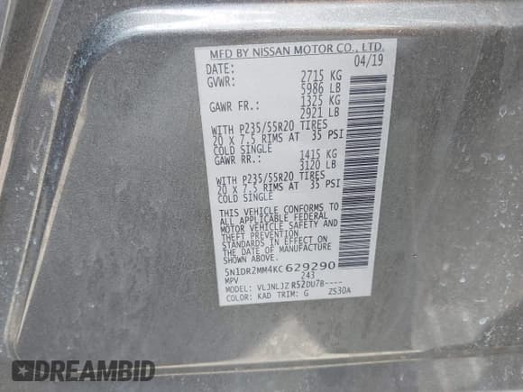 ✅ 2019 Nissan Pathfinder SL • VIN: 5N1DR2MM4KC629290 • Лот: 42951332. Опубликован ранее на IAAI с пробегом 53 953 миль. Бесплатный доступ к архиву аукционных продаж из США и подробный отчёт об истории автомобиля на DreamBid. Изображение 9.