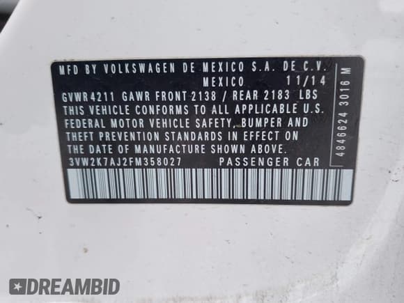 ✅ 2015 Volkswagen Jetta S • VIN: 3VW2K7AJ2FM358027 • Lot: 43817703. Listed on IAAI with 115,295 mi. Free auction sales archive from the USA and detailed vehicle history report at DreamBid. Image 9.