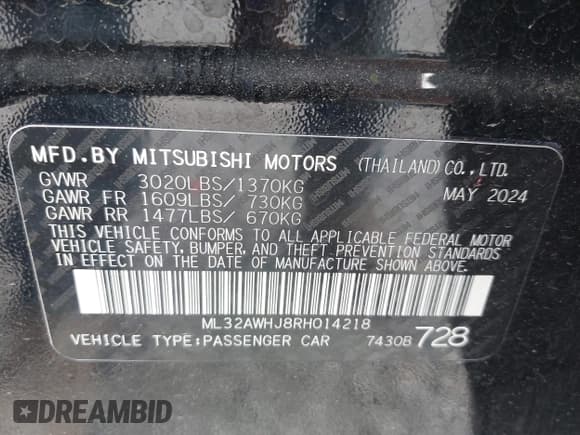 ✅ 2024 Mitsubishi Mirage Black Edition • VIN: ML32AWHJ8RH014218 • Lot: 42351609. Listed on IAAI with 5,602 mi. Free auction sales archive from the USA and detailed vehicle history report at DreamBid. Image 9.
