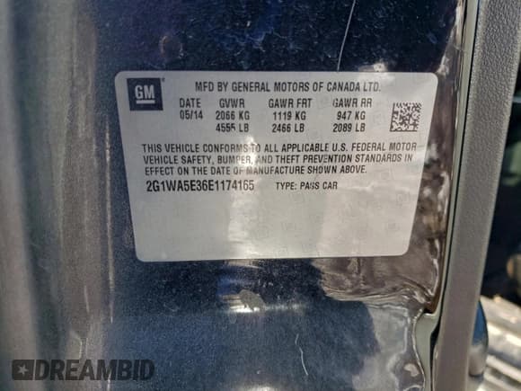 ✅ 2014 Chevrolet Impala LS • VIN: 2G1WA5E36E1174165 • Lot: 95659715. Listed on Copart with 343,498 mi. Free auction sales archive from the USA and detailed vehicle history report at DreamBid. Image 12.