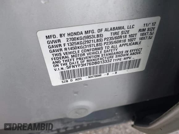 ✅ 2013 Honda Pilot EX-L • VIN: 5FNYF3H76DB013332 • Lot: 41193240. Listed on IAAI with 121,308 mi. Free auction sales archive from the USA and detailed vehicle history report at DreamBid. Image 9.