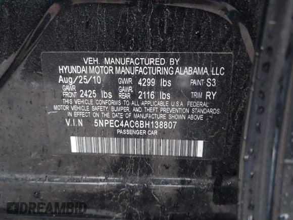 ✅ 2011 Hyundai Sonata Limited • VIN: 5NPEC4AC6BH138807 • Lot: 43289895. Listed on IAAI with 170,354 mi. Free auction sales archive from the USA and detailed vehicle history report at DreamBid. Image 9.