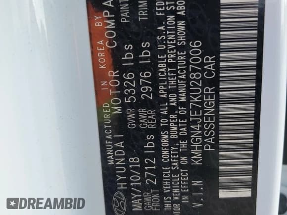 ✅ 2019 Genesis G80 3.8L • VIN: KMHGN4JE7KU287006 • Lot: 93377995. Listed on Copart with 54,836 mi. Free auction sales archive from the USA and detailed vehicle history report at DreamBid. Image 12.