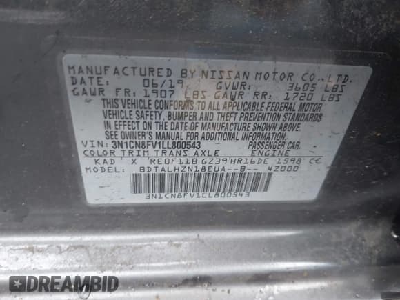 ✅ 2020 Nissan Versa SR • VIN: 3N1CN8FV1LL800543 • Лот: 43690243. Опубликован ранее на IAAI с пробегом 108 440 миль. Бесплатный доступ к архиву аукционных продаж из США и подробный отчёт об истории автомобиля на DreamBid. Изображение 9.