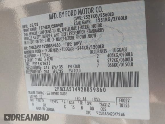 ✅ 2002 Ford Windstar LX • VIN: 2FMZA51492BB59860 • Лот: 42905293. Опубликован ранее на IAAI с пробегом 110 783 миль. Бесплатный доступ к архиву аукционных продаж из США и подробный отчёт об истории автомобиля на DreamBid. Изображение 9.