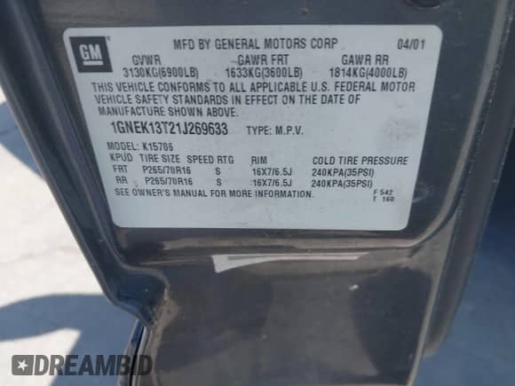 2001 Chevrolet Tahoe LT с VIN 1GNEK13T21J269633, выставлен на аукционе IAAI как лот 42522228 с пробегом 192 373 миль миль и . История ставок и продаж доступна на DreamBid. Изображение 9.