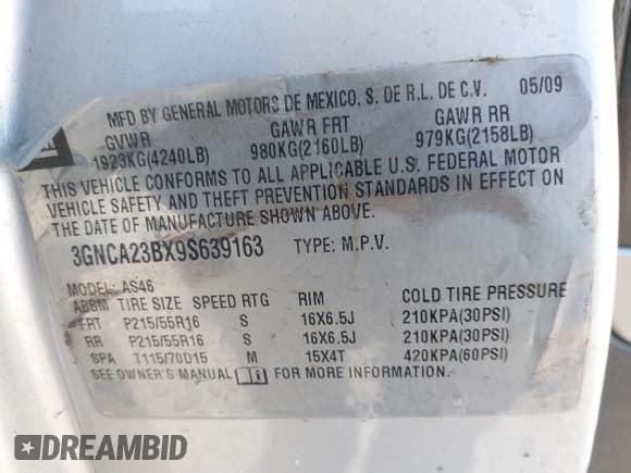 ✅ 2009 Chevrolet HHR 1LT • VIN: 3GNCA23BX9S639163 • Lot: 41338802. Listed on IAAI with 186,874 mi. Free auction sales archive from the USA and detailed vehicle history report at DreamBid. Image 9.