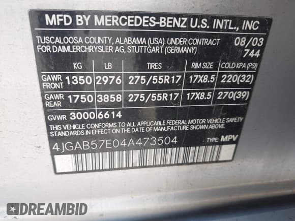 ✅ 2004 Mercedes-Benz M 350 • VIN: 4JGAB57E04A473504 • Lot: 42332941. Listed on IAAI with 156,864 mi. Free auction sales archive from the USA and detailed vehicle history report at DreamBid. Image 9.