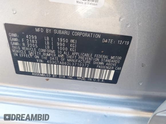 ✅ 2020 Subaru Impreza • VIN: 4S3GTAB62L3710372 • Lot: 42401089. Listed on IAAI with 36,571 mi. Free auction sales archive from the USA and detailed vehicle history report at DreamBid. Image 9.