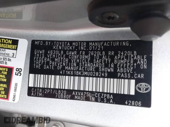 2021 Toyota Camry XSE with VIN 4T1K61BK3MU028249, listed as a IAAI auction lot 42553485 with 130,614 mi miles and . Bid and sale history available at DreamBid. Image 9.