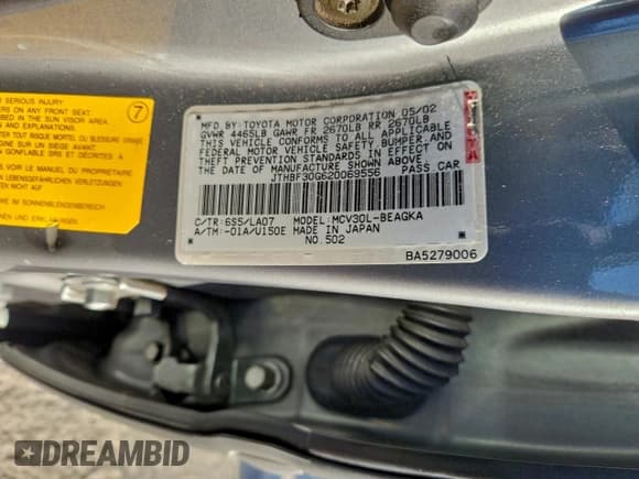 ✅ 2002 Lexus ES 300 • VIN: JTHBF30G620069556 • Lot: 94365475. Listed on Copart with 197,079 mi. Free auction sales archive from the USA and detailed vehicle history report at DreamBid. Image 12.