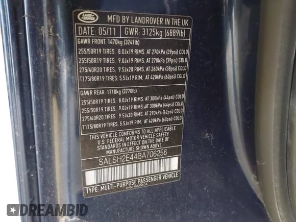 ✅ 2011 Land Rover Range Rover Sport SC • VIN: SALSH2E44BA706256 • Lot: 42847478. Listed on IAAI with 99,466 mi. Free auction sales archive from the USA and detailed vehicle history report at DreamBid. Image 9.