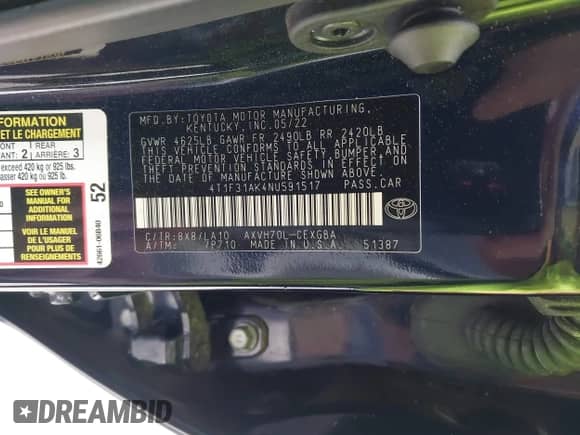 2022 Toyota Camry Hybrid XLE with VIN 4T1F31AK4NU591517, listed as a IAAI auction lot 42216959 with 36,048 mi miles and . Bid and sale history available at DreamBid. Image 9.