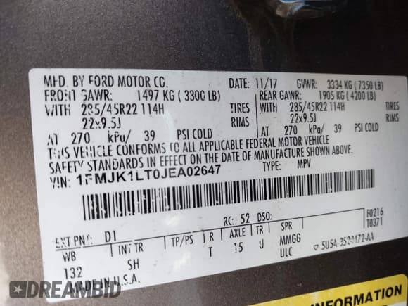 ✅ 2018 Ford Expedition Max Platinum • VIN: 1FMJK1LT0JEA02647 • Lot: 43399157. Listed on IAAI with 125,944 mi. Free auction sales archive from the USA and detailed vehicle history report at DreamBid. Image 9.