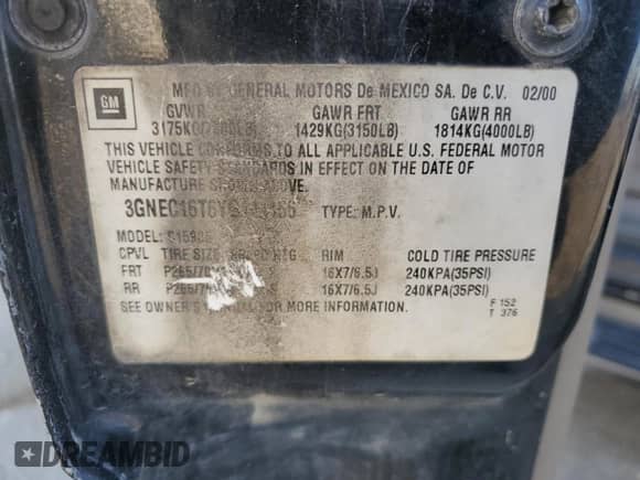 2000 Chevrolet Suburban LS с VIN 3GNEC16T6YG141156, выставлен на аукционе Copart как лот 75569064 с пробегом 246 247 миль миль и Списание • Salvage title. История ставок и продаж доступна на DreamBid. Изображение 15.