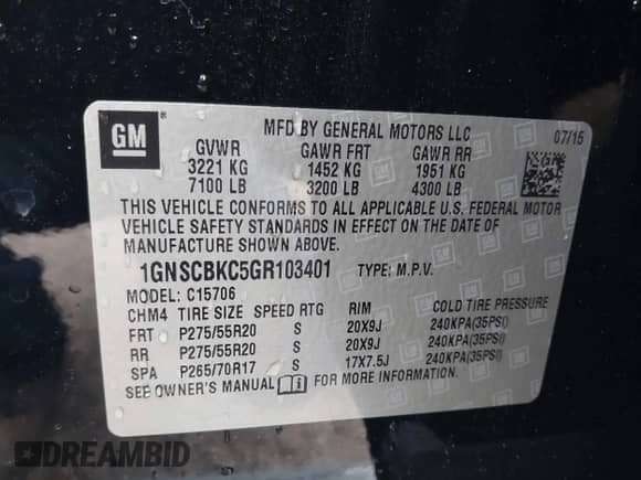 2016 Chevrolet Tahoe LT with VIN 1GNSCBKC5GR103401, listed as a IAAI auction lot 42068440 with 117,662 mi miles and . Bid and sale history available at DreamBid. Image 9.