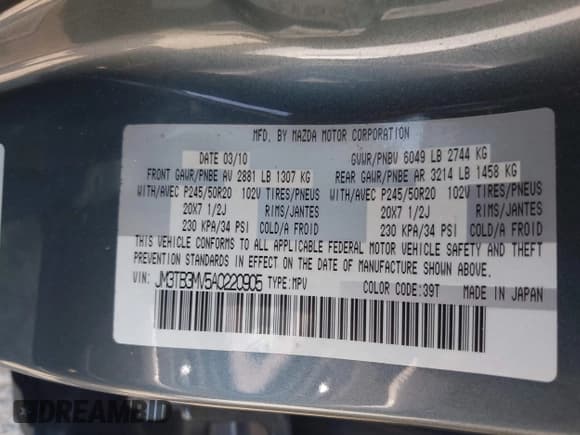 ✅ 2010 Mazda CX-9 Touring • VIN: JM3TB3MV5A0220905 • Lot: 42566018. Listed on IAAI with 158,152 mi. Free auction sales archive from the USA and detailed vehicle history report at DreamBid. Image 9.