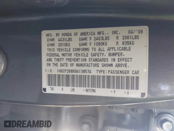 ✅ 2009 Honda Accord EX-L • VIN: 1HGCP268X9A138574 • Lot: 43847438. Wystawiony na IAAI z przebiegiem 445 466 mil. Bezpłatny archiwum sprzedaży aukcyjnych z USA i szczegółowy raport historii pojazdu na DreamBid. Zdjęcie 9.