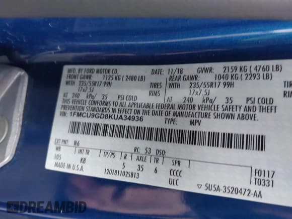 ✅ 2019 Ford Escape SE • VIN: 1FMCU9GD8KUA34936 • Lot: 43753978. Listed on IAAI with 96,200 mi. Free auction sales archive from the USA and detailed vehicle history report at DreamBid. Image 9.