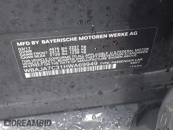 ✅ 2017 BMW 5 Series 530i xDrive • VIN: WBAJA7C31HWA69949 • Lot: 43801581. Listed on IAAI with 90,614 mi. Free auction sales archive from the USA and detailed vehicle history report at DreamBid. Image 9.