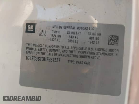 2017 Chevrolet Malibu LS with VIN 1G1ZC5ST3HF237537, listed as a IAAI auction lot 43436353 with 182,205 mi miles and . Bid and sale history available at DreamBid. Image 9.