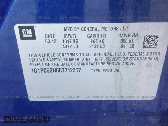 2012 Chevrolet Cruze LS с VIN 1G1PC5SH6C7312267, выставлен на аукционе IAAI как лот 18658916 с пробегом 29 563 миль миль и . История ставок и продаж доступна на DreamBid. Изображение 9.