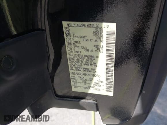 ✅ 2004 Nissan Titan XE • VIN: 1N6AA06A64N519285 • Lot: 42958118. Listed on IAAI with 187,775 mi. Free auction sales archive from the USA and detailed vehicle history report at DreamBid. Image 9.