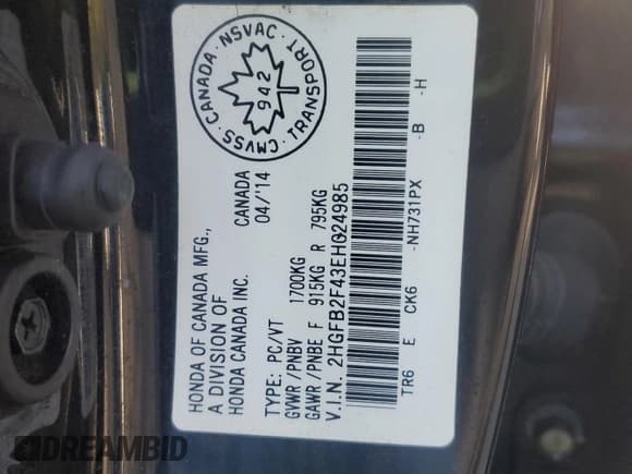 ✅ 2014 Honda Civic LX • VIN: 2HGFB2F43EH024985 • Лот: 81407775. Опубликован ранее на Copart с пробегом Не указан. Бесплатный доступ к архиву аукционных продаж из США и подробный отчёт об истории автомобиля на DreamBid. Изображение 12.