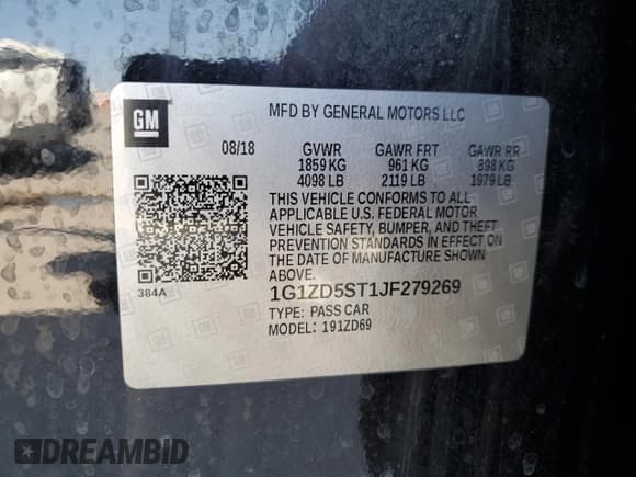 ✅ 2018 Chevrolet Malibu LT • VIN: 1G1ZD5ST1JF279269 • Lot: 68431655. Listed on Copart with 107,831 mi. Free auction sales archive from the USA and detailed vehicle history report at DreamBid. Image 12.