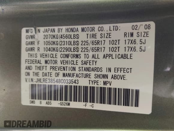 ✅ 2008 Honda CR-V EX • VIN: JHLRE38548C033543 • Лот: 43638525. Опубликован ранее на IAAI с пробегом 117 803 миль. Бесплатный доступ к архиву аукционных продаж из США и подробный отчёт об истории автомобиля на DreamBid. Изображение 9.