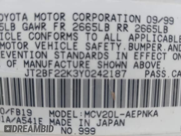 ✅ 2000 Toyota Camry LE • VIN: JT2BF22K3Y0242187 • Lot: 43767695. Listed on IAAI with 295,301 mi. Free auction sales archive from the USA and detailed vehicle history report at DreamBid. Image 9.