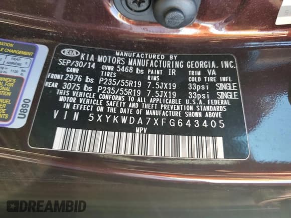 ✅ 2015 Kia Sorento SX • VIN: 5XYKWDA7XFG643405 • Lot: 87468945. Listed on Copart with 88,113 mi. Free auction sales archive from the USA and detailed vehicle history report at DreamBid. Image 14.