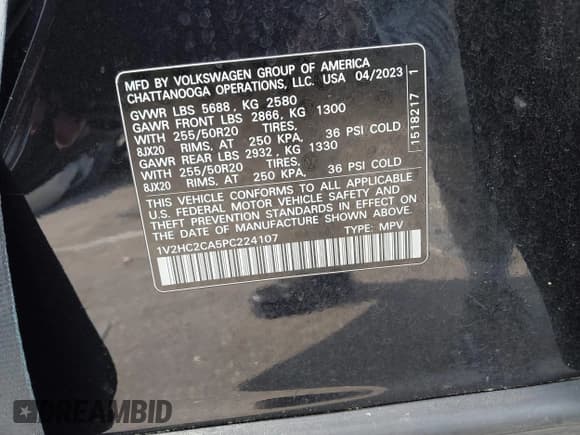 ✅ 2023 Volkswagen Atlas SE • VIN: 1V2HC2CA5PC224107 • Lot: 43095354. Listed on IAAI with 22,193 mi. Free auction sales archive from the USA and detailed vehicle history report at DreamBid. Image 9.