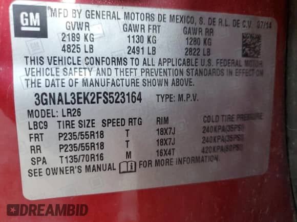 2015 Chevrolet Captiva Sport LT с VIN 3GNAL3EK2FS523164, выставлен на аукционе Copart как лот 88502195 с пробегом 101 644 миль миль и Списание • Salvage title. История ставок и продаж доступна на DreamBid. Изображение 15.