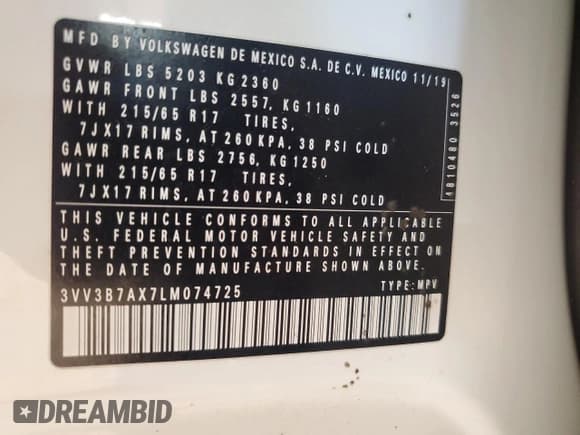 ✅ 2020 Volkswagen Tiguan SE • VIN: 3VV3B7AX7LM074725 • Lot: 84013985. Wystawiony na Copart z przebiegiem 180 964 mil. Bezpłatny archiwum sprzedaży aukcyjnych z USA i szczegółowy raport historii pojazdu na DreamBid. Zdjęcie 13.