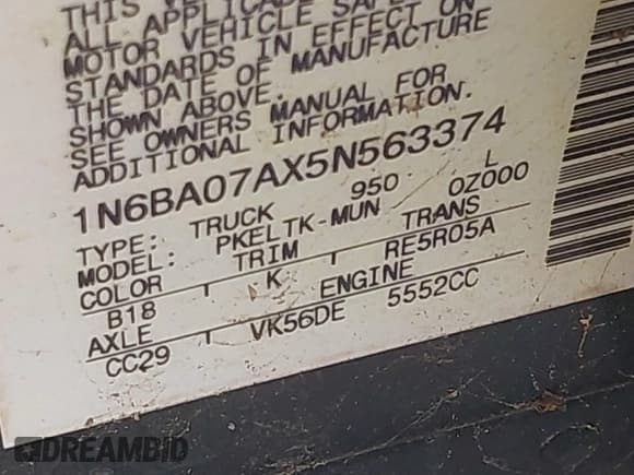 ✅ 2005 Nissan Titan XE • VIN: 1N6BA07AX5N563374 • Lot: 43627413. Listed on IAAI with 151,817 mi. Free auction sales archive from the USA and detailed vehicle history report at DreamBid. Image 9.