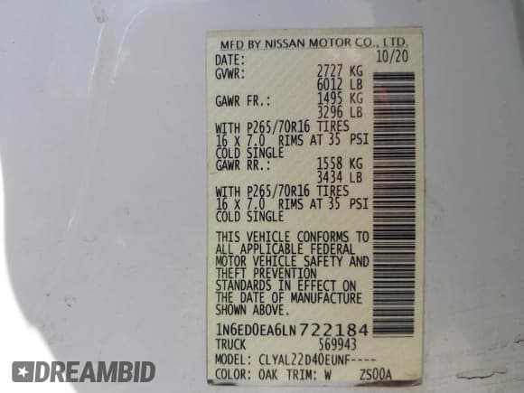 ✅ 2020 Nissan Frontier SV • VIN: 1N6ED0EA6LN722184 • Lot: 41635732. Listed on IAAI with 46,342 mi. Free auction sales archive from the USA and detailed vehicle history report at DreamBid. Image 9.