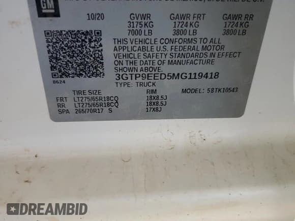 ✅ 2021 GMC Sierra 1500 AT4 • VIN: 3GTP9EED5MG119418 • Лот: 91658685. Опубликован ранее на Copart с пробегом 119 799 миль. Бесплатный доступ к архиву аукционных продаж из США и подробный отчёт об истории автомобиля на DreamBid. Изображение 12.