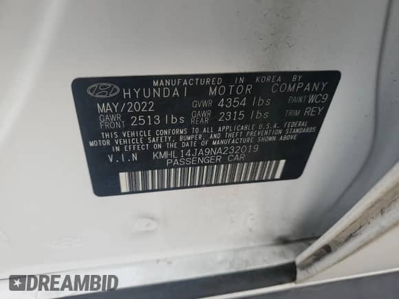 2022 Hyundai Sonata SEL с VIN KMHL14JA9NA232019, выставлен на аукционе Copart как лот 86650465 с пробегом 42 507 миль миль и Чистый • Clean title. История ставок и продаж доступна на DreamBid. Изображение 12.