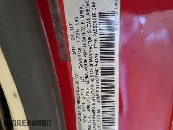 ✅ 2007 Volkswagen Beetle • VIN: 3VWSF31Y07M415420 • Lot: 73780854. Listed on Copart with 112,013 mi. Free auction sales archive from the USA and detailed vehicle history report at DreamBid. Image 12.